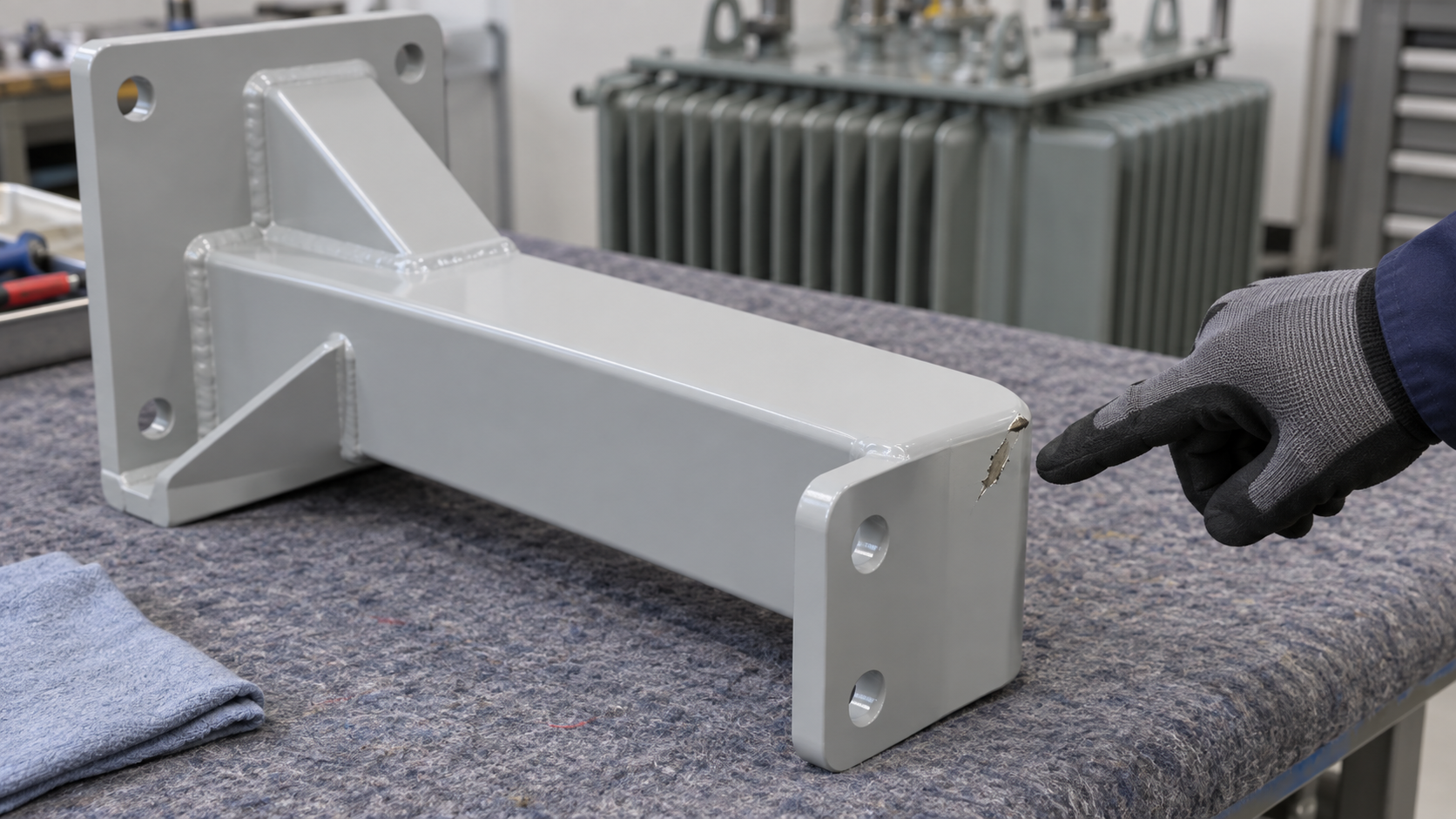 Localized coating scuff on the edge of a detached transformer support bracket