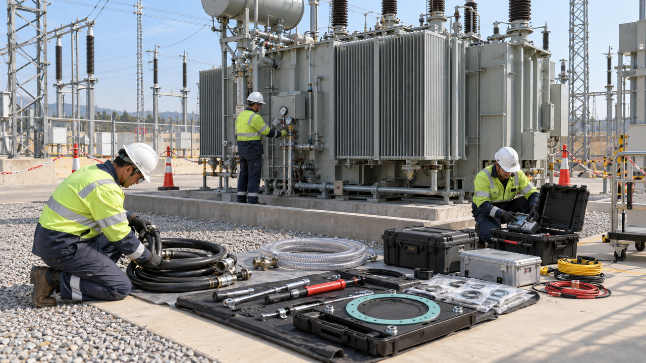 Transformer Commissioning Spares and Special Tools Transformer commissioning team organizing spare parts, consumables and special tools at a substation