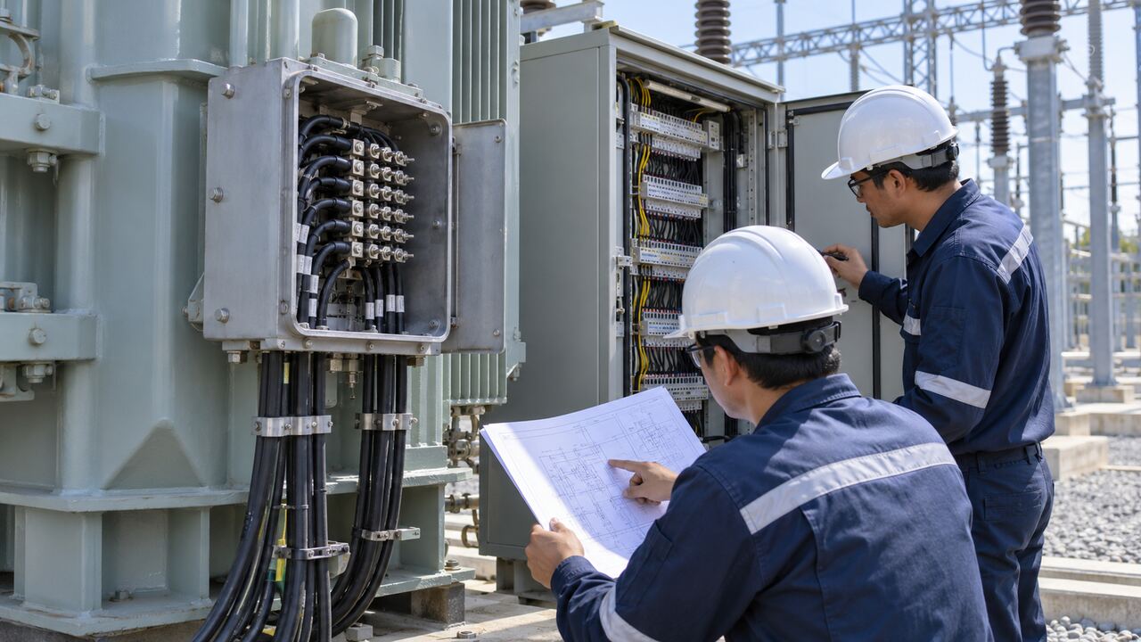 Transformer CT Terminal Interface Check Engineers checking transformer current-transformer terminal interfaces against protection drawings