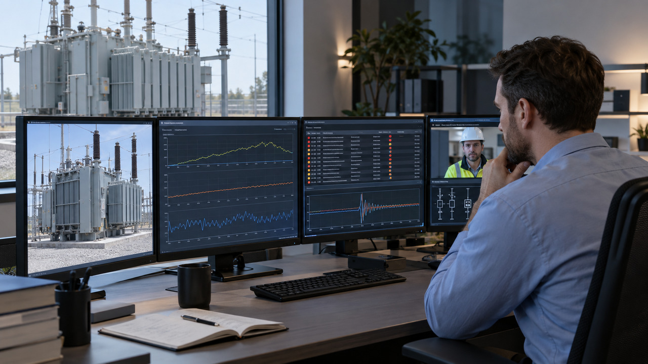 Transformer Defect Triage and Remote Support Technical support engineer reviewing transformer alarm history and load trends remotely