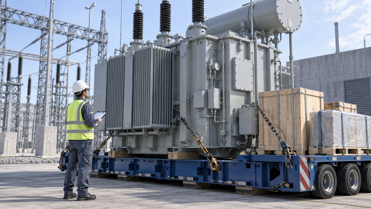 Transformer Delivery Receipt Inspection Engineer inspecting a transformer and accessory crates secured on a delivery trailer