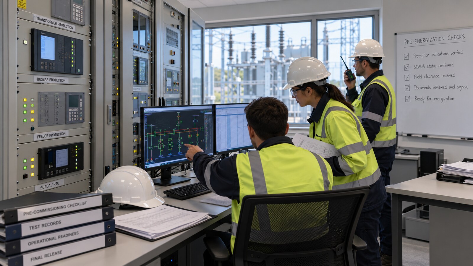 Commissioning engineers verifying transformer protection and SCADA status before energization