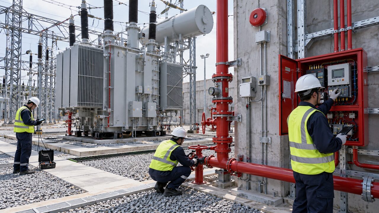 Commissioning engineers testing transformer fire alarm, valve and control-panel interfaces at a substation