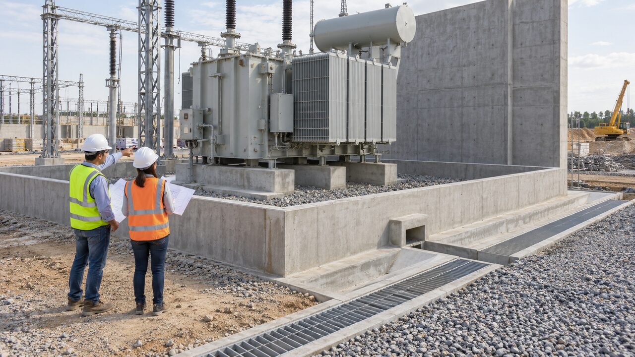Civil and electrical engineers inspecting transformer fire wall, foundation, bund and drainage interfaces