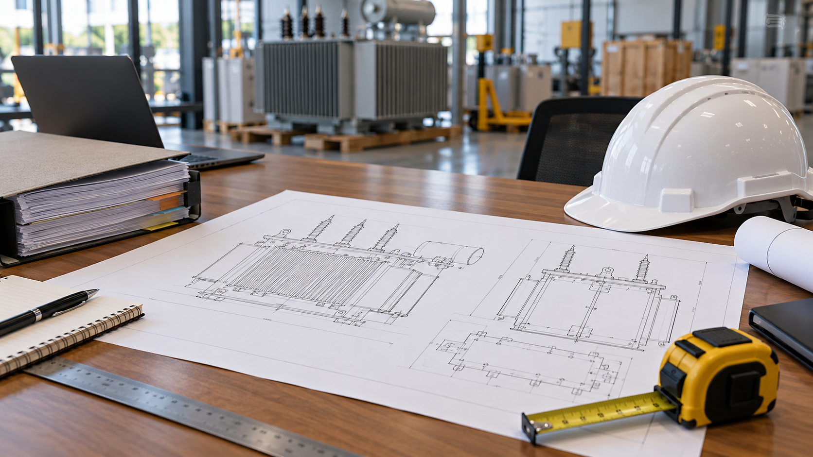 Transformer Handling Data Review Transformer outline drawing with a shipping dossier, measuring tape and hard hat