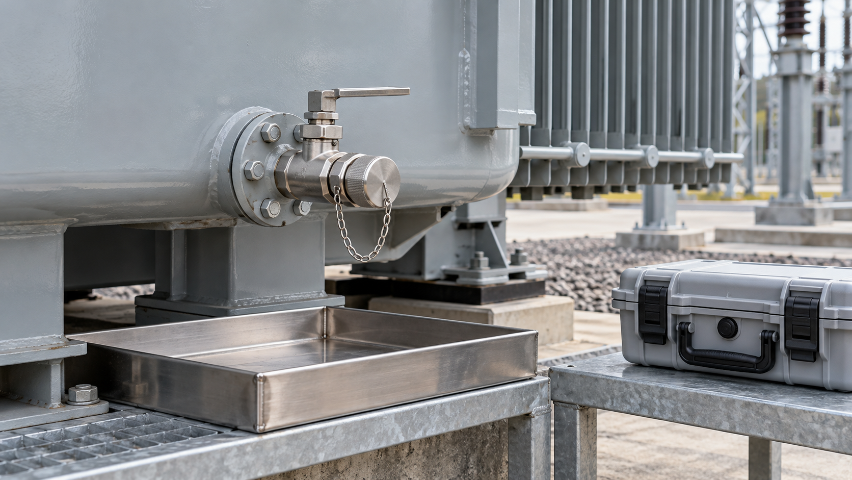 Transformer oil sampling point identification Closed sampling valve on a transformer tank with a drip tray and transport case
