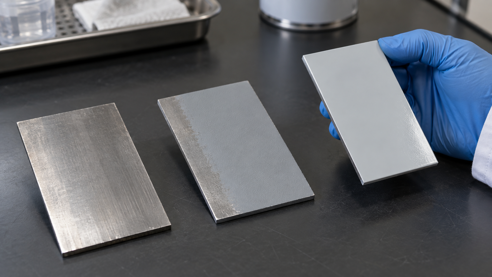 Steel coupons showing prepared metal, primer and a pale grey finishing coat