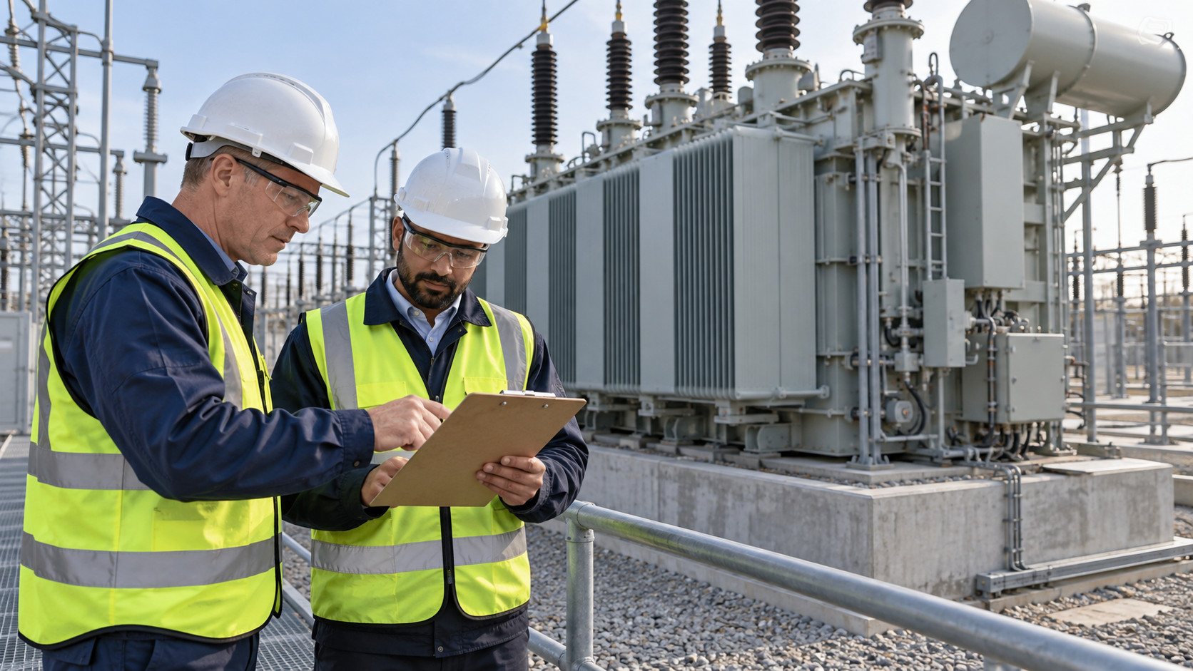 Transformer Placement Handover Review Two engineers checking a clipboard from a walkway beside a transformer on its foundation
