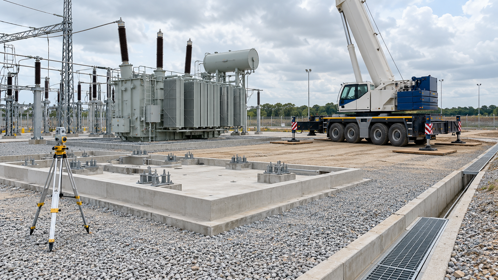 Transformer Placement Site Review Survey equipment beside a prepared transformer foundation and mobile crane standing area