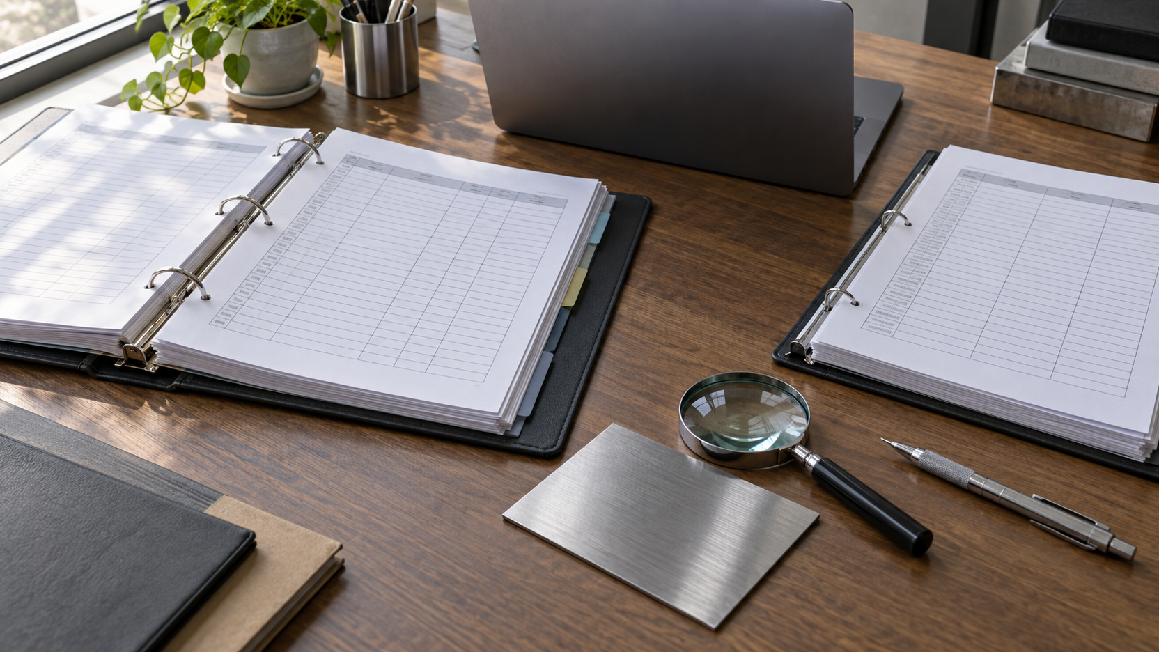 Technical binders and a metal plate sample arranged for engineering document review