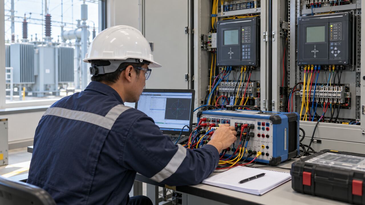Transformer Relay Secondary Injection Test Protection engineer performing secondary injection testing on transformer relay panels