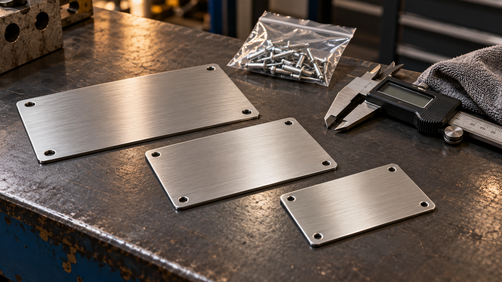 Blank stainless steel plate samples and mounting hardware on an inspection bench