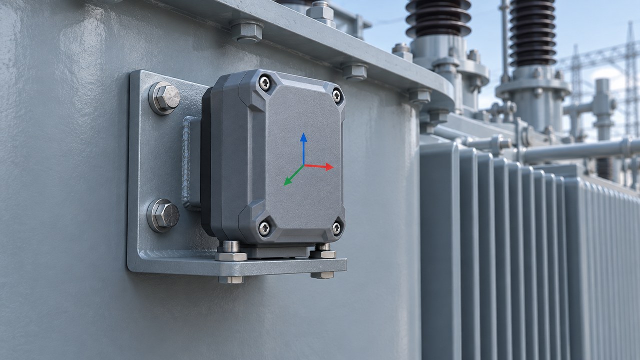 Transformer Shock Recorder Mounting Compact recorder with three axis arrows mounted on a metal bracket on a transformer tank