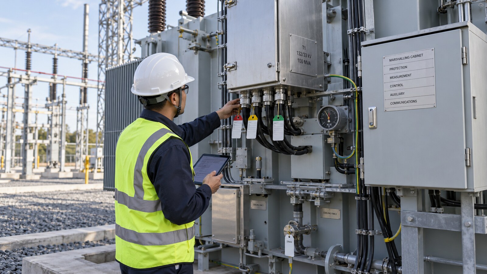 Engineer checking transformer marshalling cabinet cable entries during an EPC site walkdown