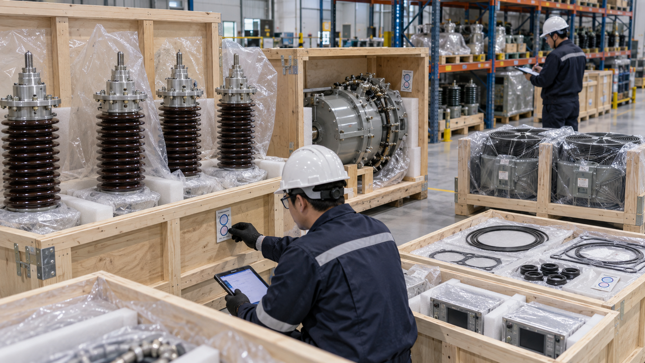 Transformer Spare Parts Storage and Preservation Technicians inspecting preserved transformer spare parts in controlled warehouse storage
