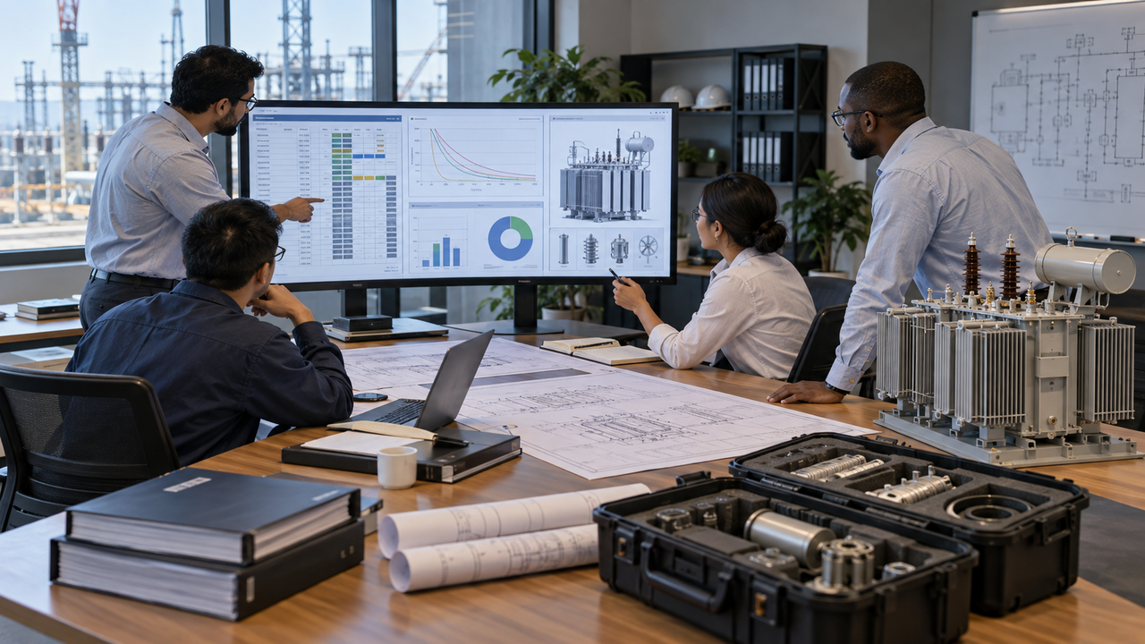 Transformer Spares Lifecycle Planning EPC engineers reviewing a transformer spare parts matrix and lifecycle plan