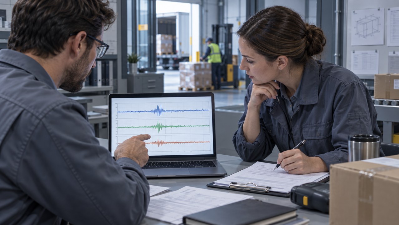 Transformer Transport Event Review Two engineers reviewing three plotted traces on a laptop beside shipment documents