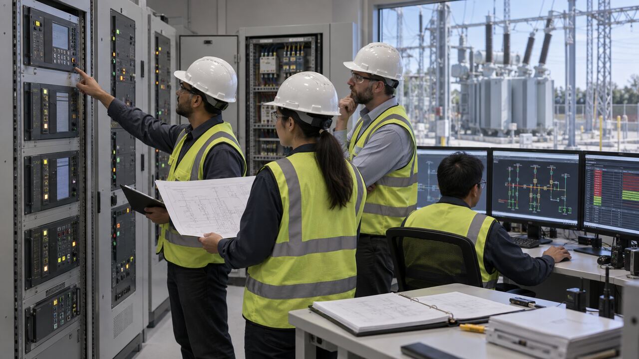 Transformer Trip Logic and SCADA Review EPC commissioning team reviewing transformer trip logic between relay, breaker and SCADA panels
